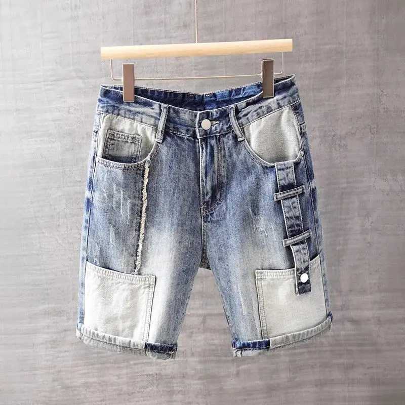 Korean Style Harajuku Fashion Designer Mens Summer Straight Denim Jeans Shorts Casual Boyfriend Washed Patchwork Short PantsX240914