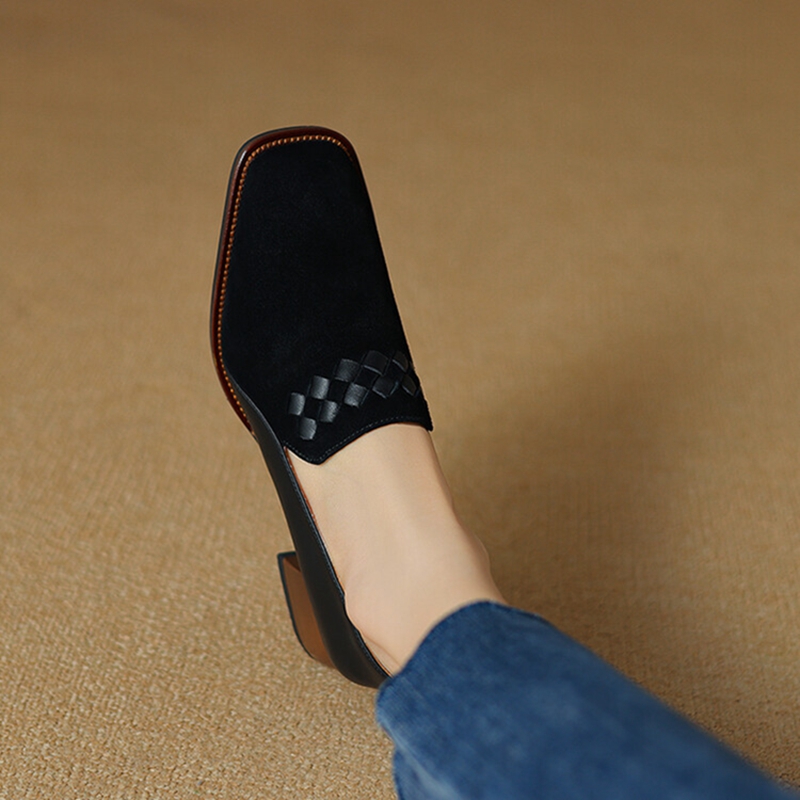 Spring/Autumn New NEW Loafers Sheep Suede Leather for Square Toe Chunky Heel Black Shoes Concise Weave Women Pumps 0f05