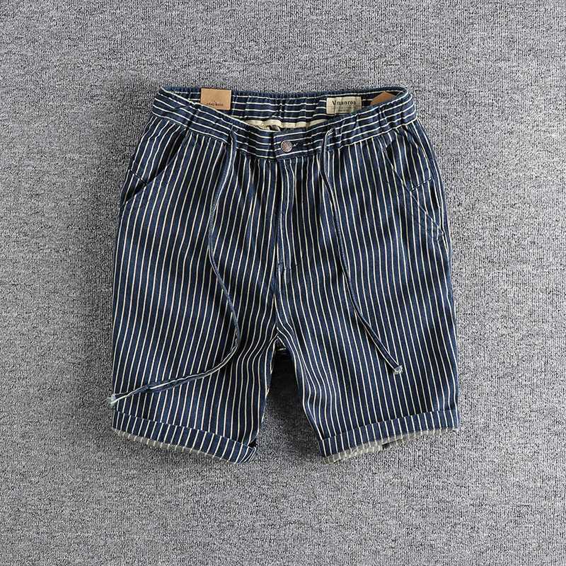 Retro Pinstripe Washed Denim Shorts for Men Blue Casual Loose Straight Half Pants for Youth Male 100% Cotton Harajuku VintageX240914