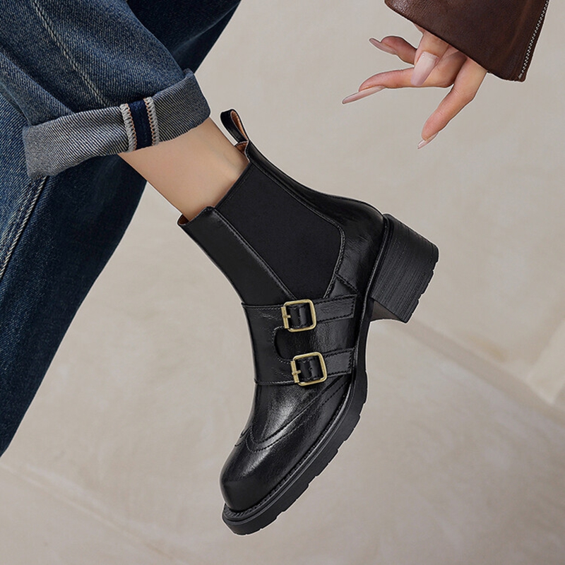 Autumn NEW Round Toe Chunky Heel Split Leather Shoes for Women Slip-on Ankle Belt Buckle Boots 579d
