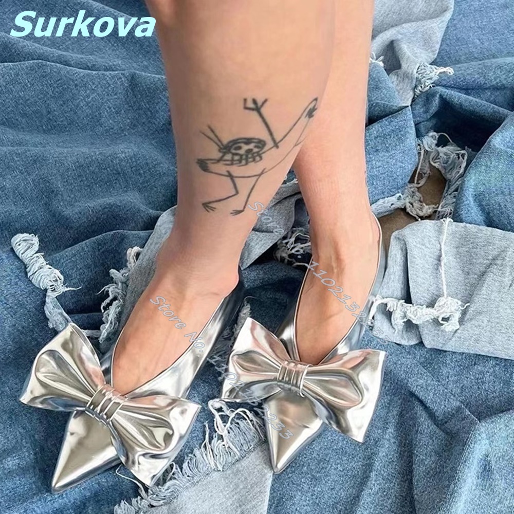 Butterfly Knot Flat Shoes Pointy Toe Shallow Slip On Sliver Mirrior Women Shoes New Arrival Comfortable Fashion Leisure Sandals