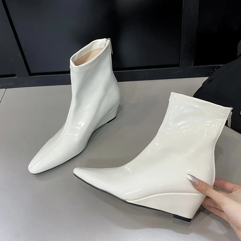 Eilyken Women Ankle Boots Fashion Patent Leather Pointed Toe Wedges High Heels Zipper Shoes Botas De Mujer 5940