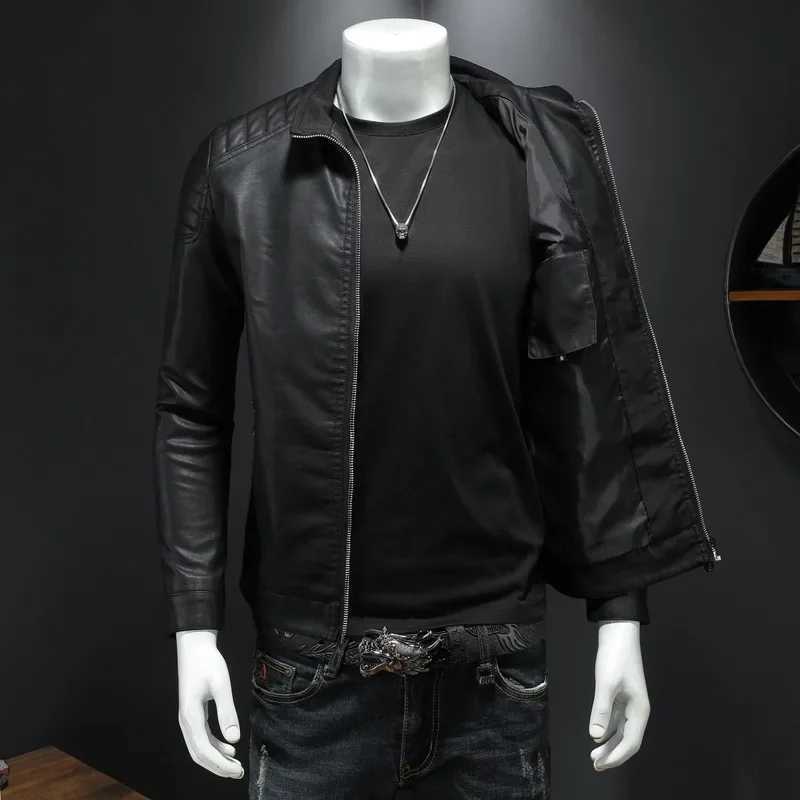 Spring and Autumn Mens Motorcycle Jacket Solid Polo Neck Fashion Casual PU Jacket High Quality Mens Leather JacketX240913