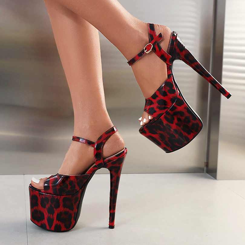 Smooth Patent Leather Material Leopard Print Ultra-High Slim Heel Peep Toe High Heels Platform Party Sexy Women's Sandals 2024