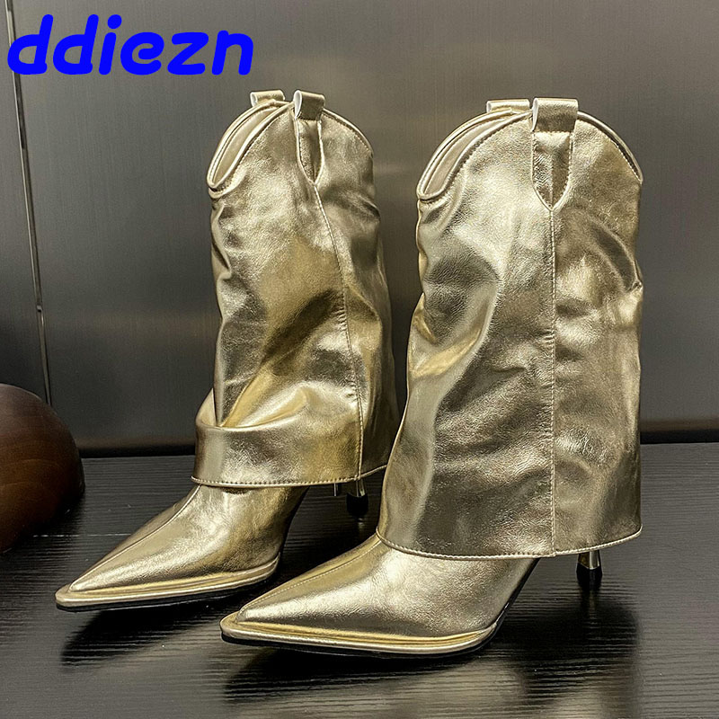 Golden Fashion Pointed Toe Women Modern Slip On Female Footwear Thin Heels Shoes Ankle Boots For Ladies