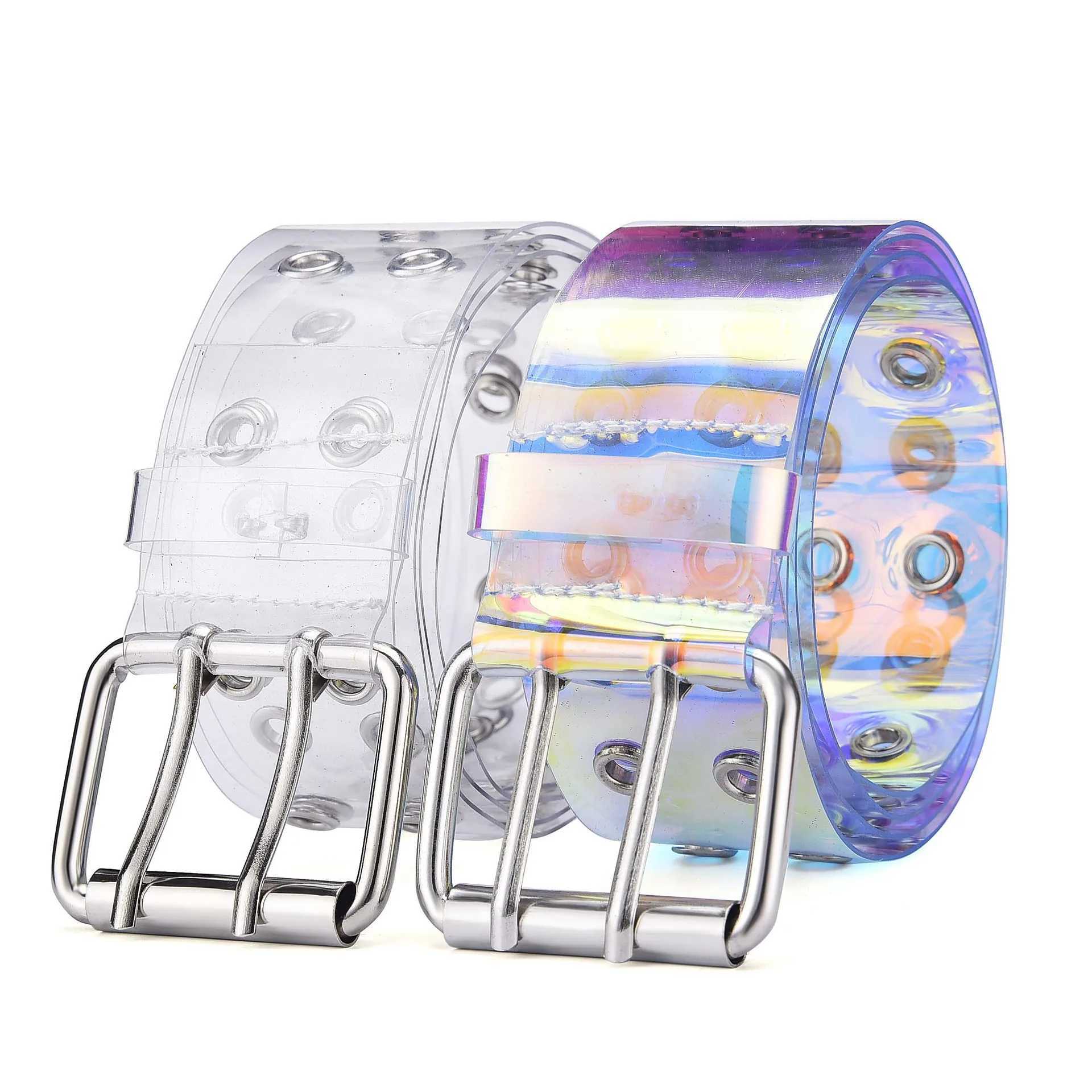 2021 Two Row PVC Clear Belt For Women Fashion Pin Buckle Female White Waist Trousers Transparent Belts Ladies Jeans Grommet BeltX240914