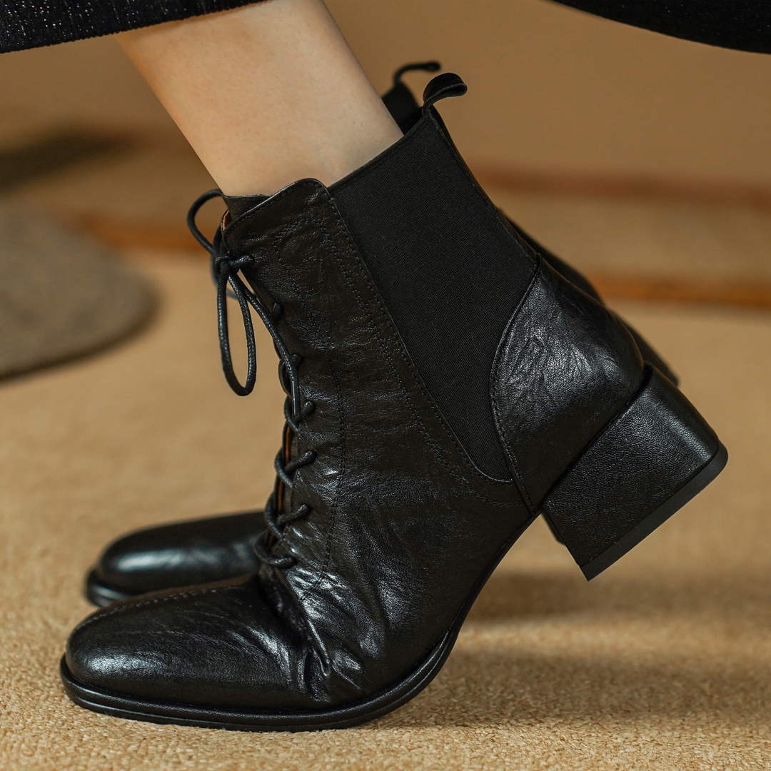 genuine Women's leather elastic patchwork lace-up autumn ankle boots 4cm thick low heel casual female short booties shoes woman e706