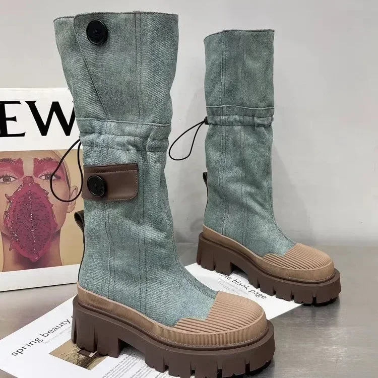 Denim Chelsea Knee High Boots Women Platform Shoe 2024 Designer Winter Flats Shoes Goth Motorcycle Boots Casual Shoes Botas