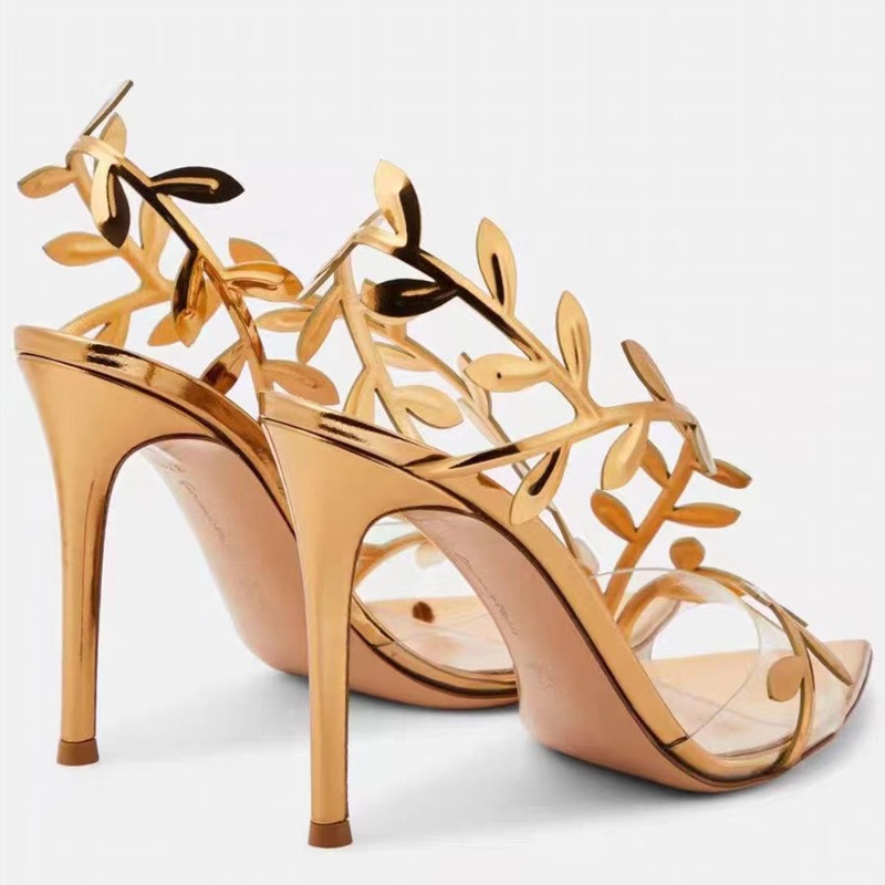 Gold High Heels Women 2024 Summer New Metal Patent Leather Leaf Thin Heel Pointed Open Toe Sandals