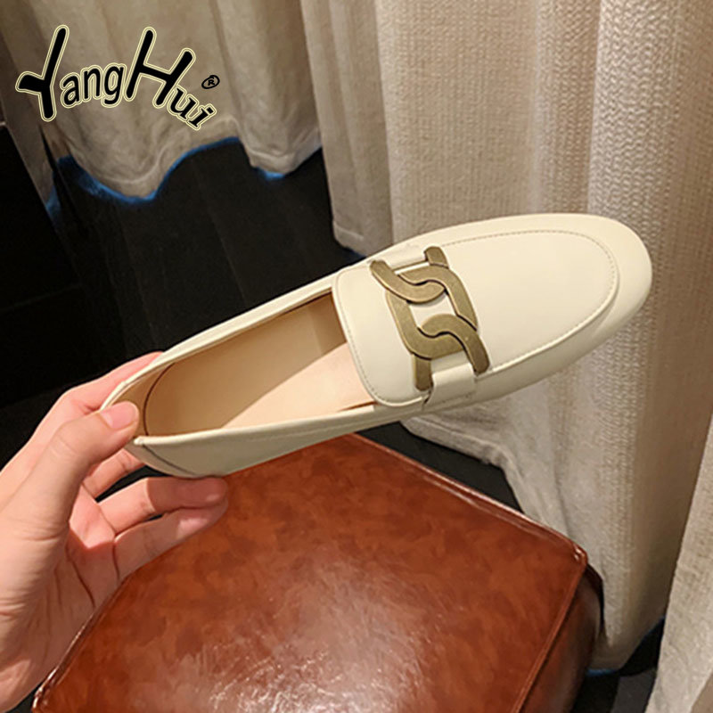 Mary Janes Casual Retro Pumps 2023 New Fashion Artificial Leather Summer Heel Flats Women's Shoes Metal Accessories Pointed Toe