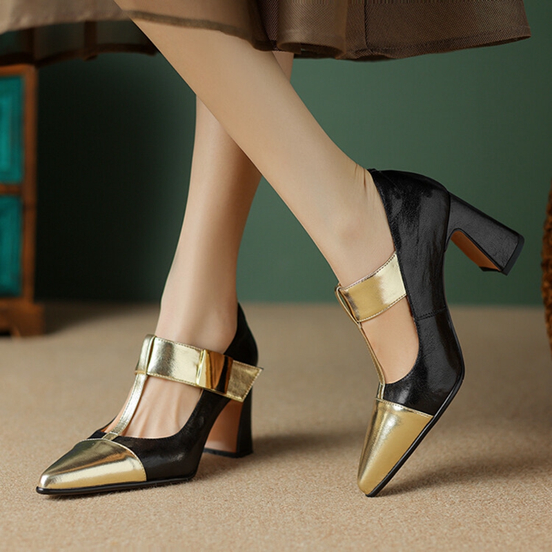 Spring/Autumn NEW Pumps Genuine Leather for New Women Pointed Toe Chunky Buckle High Heel Mary Janes Shoes 18ec