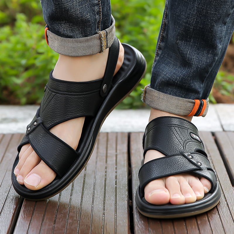 Men Sandals Genuine Leather Men Shoes 2024 Summer New Size Men's Sandals Fashion Comfortable Beach Sandals Slippers Black
