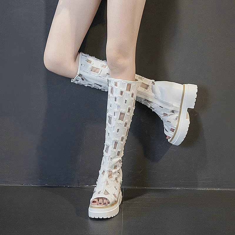 Summer 2024 Ripped Canvas Hollowed Out Fish Mouth Knee-High Thinning Inside Heightening Women Cool Boots 3815