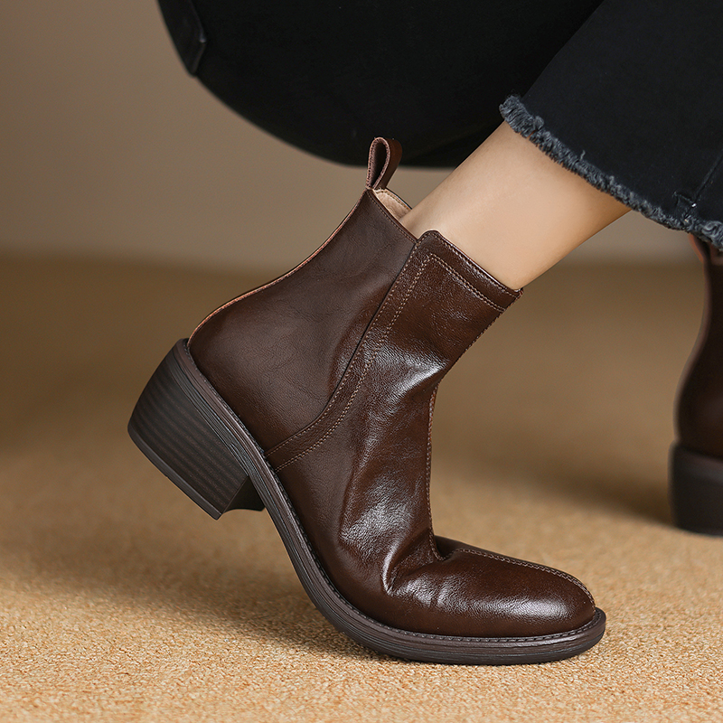 2024 New Winter Round Toe Chunky Heel Women Shoes Retro Western Ankle Boots Genuine Leather efb7