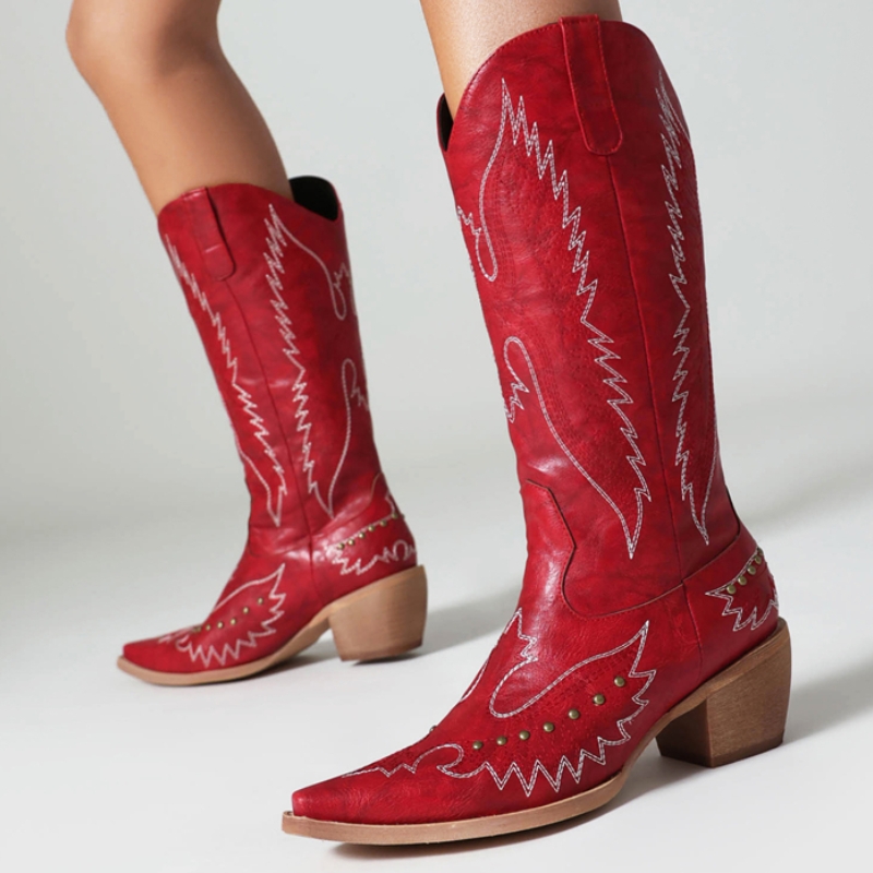 Cowboy Western Cowgirls Boots Women Winter Short Heels Knee High Boot Fashion Black Red Long Party Shoes Female Footwear 109c