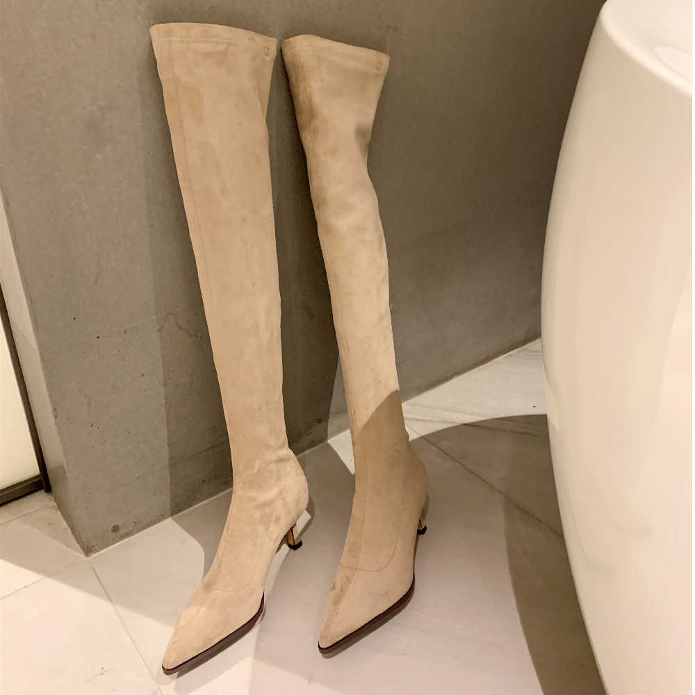 plus danxuefei size 34-42 women's stretch ck 6cm thin high hell pointed toe slip-on autumn over the knee boots shoes 347b
