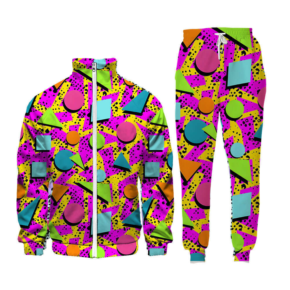 European men's casual sports with 3D digital printing long sleeved pants and zippered shirt set