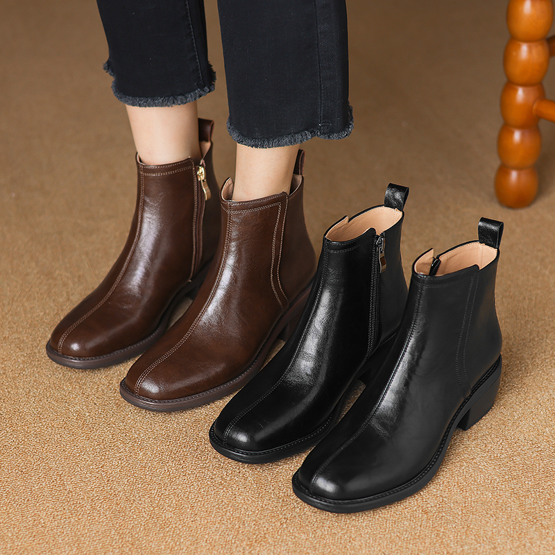 2024 New Winter Round Toe Chunky Heel Women Shoes Retro Western Ankle Boots Genuine Leather efb7