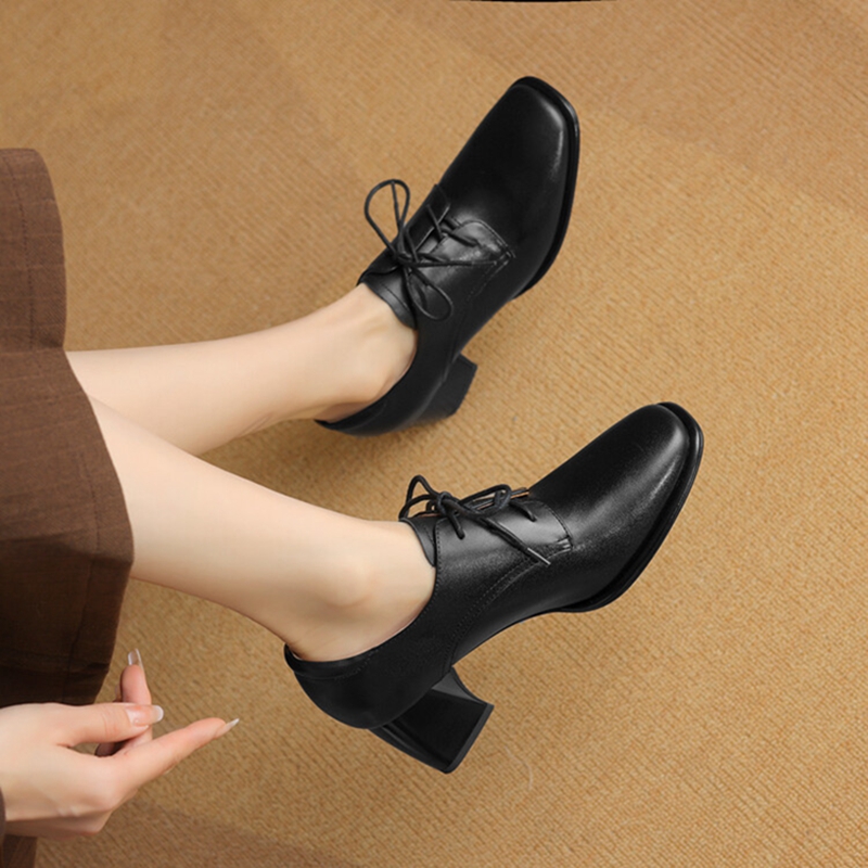Genuine Spring/Autumn Leather for Square Toe Chunky Women Pumps Lace-up Black High Heel Shoes f005