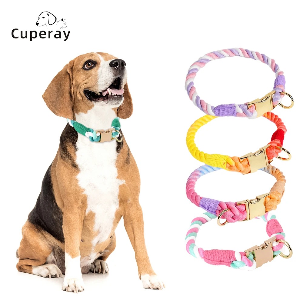 Comfortable Cotton Dog Collar Adjustable Braided Cotton Multi-Color Rope Collars with Durable Metal Buckle for Medium Small Dogs