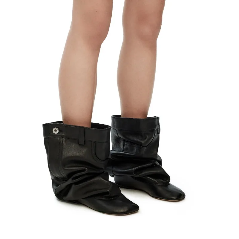 Black Belt Design Pleated Lazy Knee 2023 New Women's European and American Style High Heels Fashion Boots Size 34-43