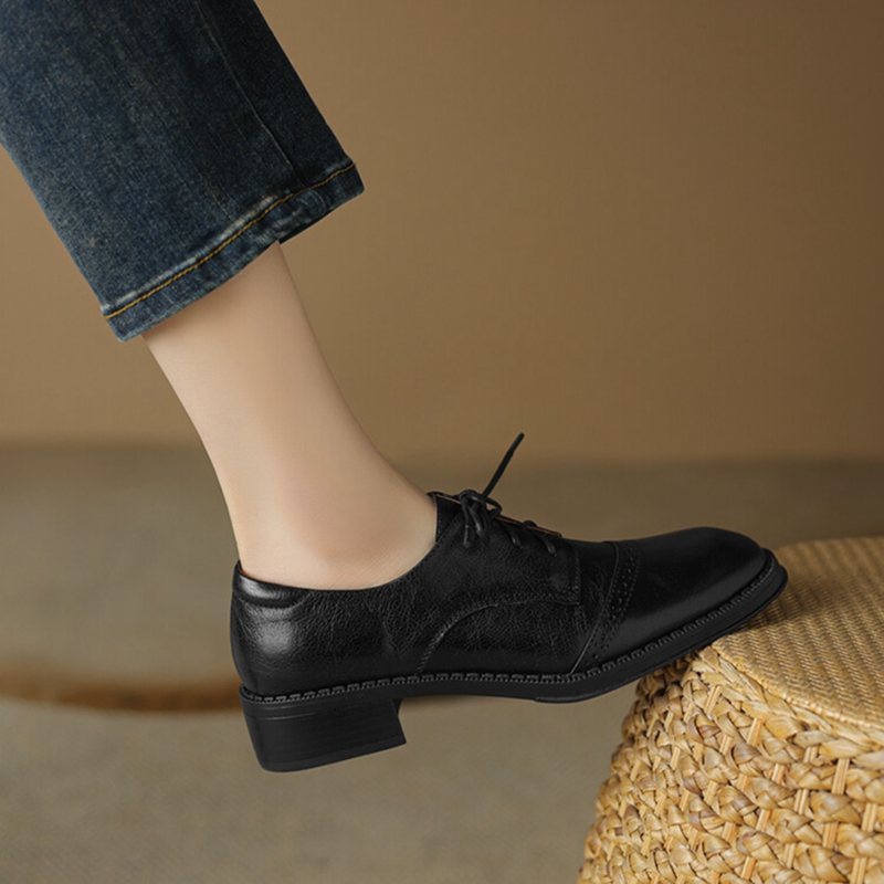 Spring/Autumn NEW Genuine Leather for Round Toe Chunky Women Pumps Lace-up High Heel Shoes f85e