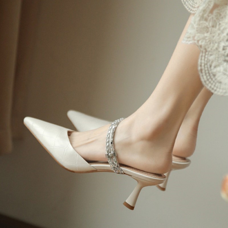 Women's Slippers Pointed Toe High Heels Bling Dress Shoes Elegant Wedding Shoes Crystal Slides for Female Summer Spring 1625N