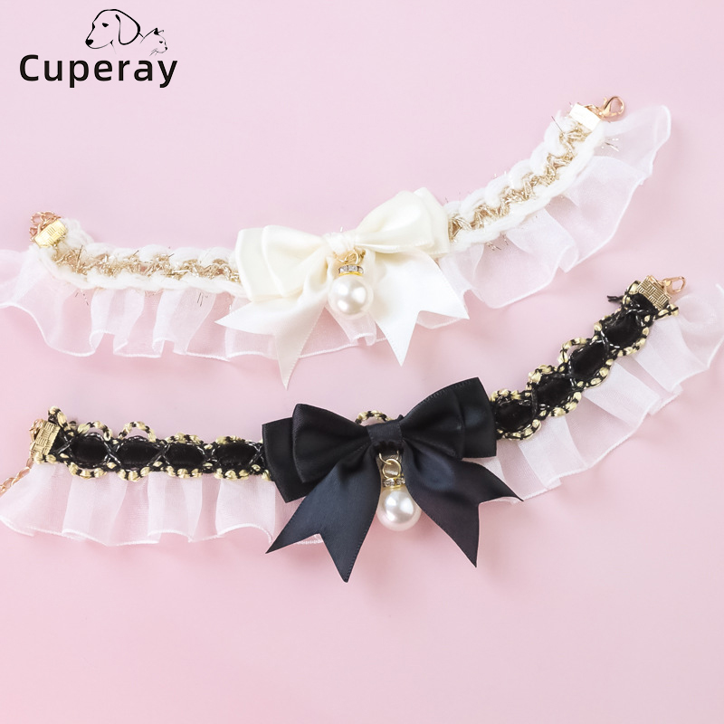 Pet Collar Adjustable Cat Collar Necklace Jewelry Lace Stretch Bow Pearl Vintage Collar Necklace for Cat & Puppy Pet Accessories