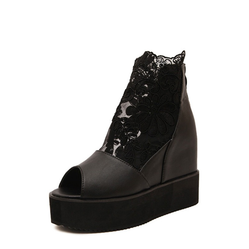 2024 Women's Wedge Shoes Muffin Platform Inside Raised Fish Mouth Summer Boots Women's Sweet Lace High Heels