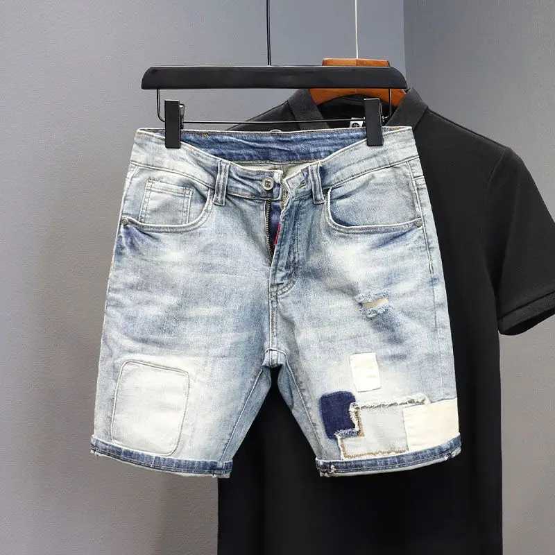 Summer Casual Denim Knee Length Jeans Shorts Men Solid Vintage Washed Cowboy Streetwear Patchwork Fashion Skinny Cropped PantsX240914