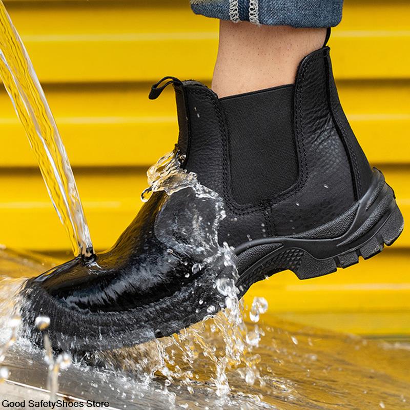 Leather Genuine Black Waterproof Anti-Smash Safety Boots Men Steel Toe Work Shoes Footwear 9db9