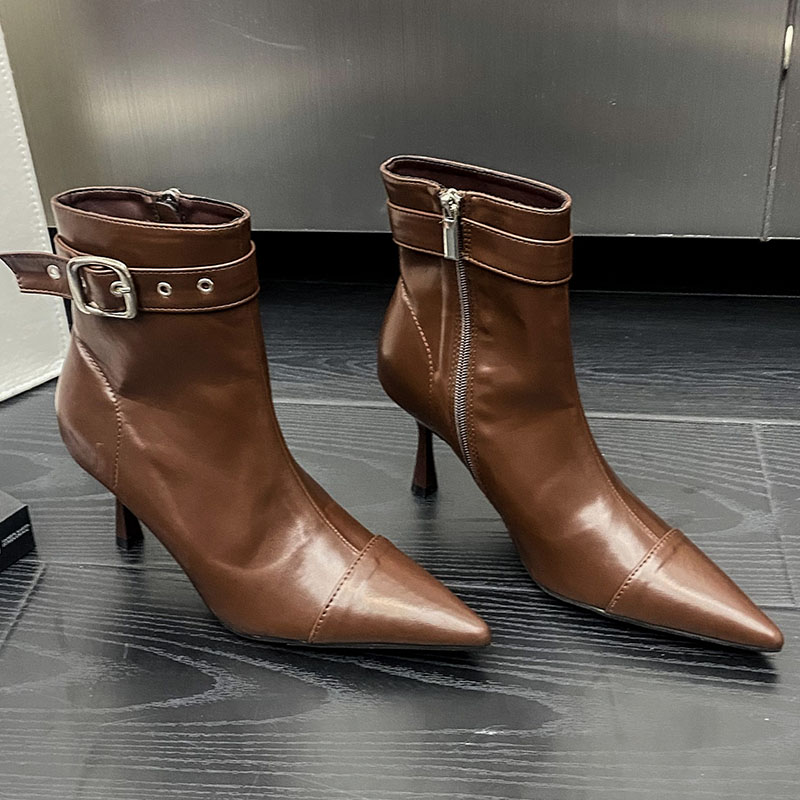 Fashion Buckle Strap Ladies Short Modern Booties Zippers Shoes Female Heels Pointed Toe Footwear Women Ankle Stretch Boots