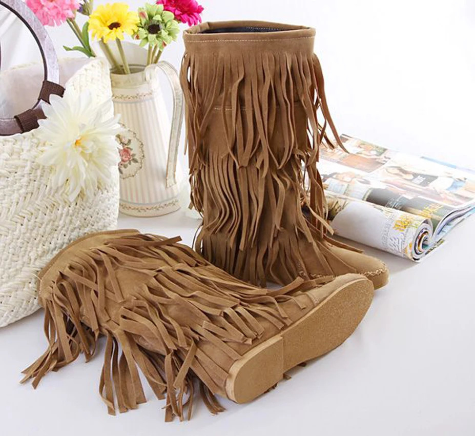 aiykazysdl faux suede fringe tassel moccassin midcalf knight boots casual flat heel bohemia dress booties cowboy shoes 240911