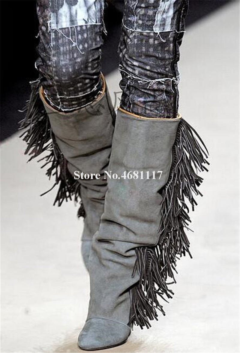 Women Elegant Boots Charming Pointed Toe Suede Leather Tassels Knee High Wedge Black Grey Beige Side Fringes Long Wedge Boots