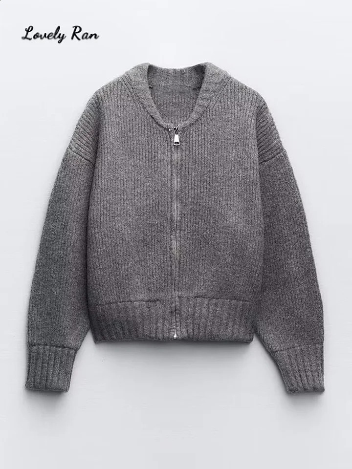 Cozy Knit Grey Zipper Cardigan Sweater Autumn Winter Long Sleeve Pleater Female Sweaters 2024 Elegant Casual Lady Outwear 240905