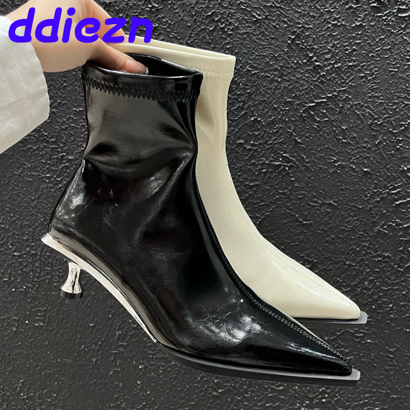 Fashion Metal Heel Women Ankle Stretch Female Designer Slip On Footwear Pointed Toe Ladies Elastic Short Boots Shoes 0279 bbbe dh31047