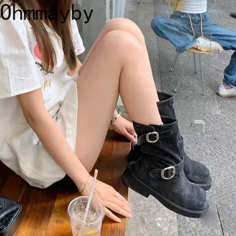 Style Retro Women Motorcycle Boots Fashion Metal Buckle Platform Heel Short Booties Winter Comfort Women's Footwear 1db8 's