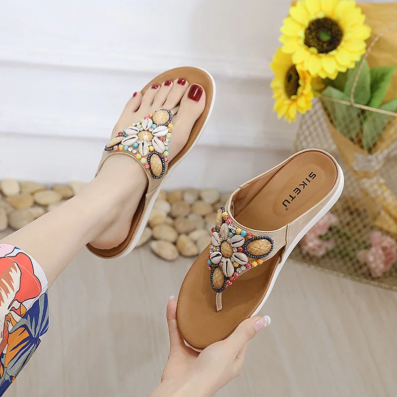 Women Slippers Summer New Fashion Beaded Slides Shoes Wedge Beach Sandals Women Outside Platform Leisure Retro Flip Flops