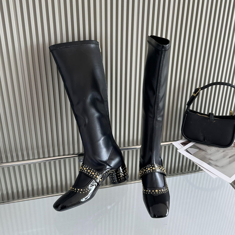 New Footwear Fashion Elastic Designer Rivet Women Knee High Boots With Round Heel Ladies Long Stretch Booties Female Shoes - view 3