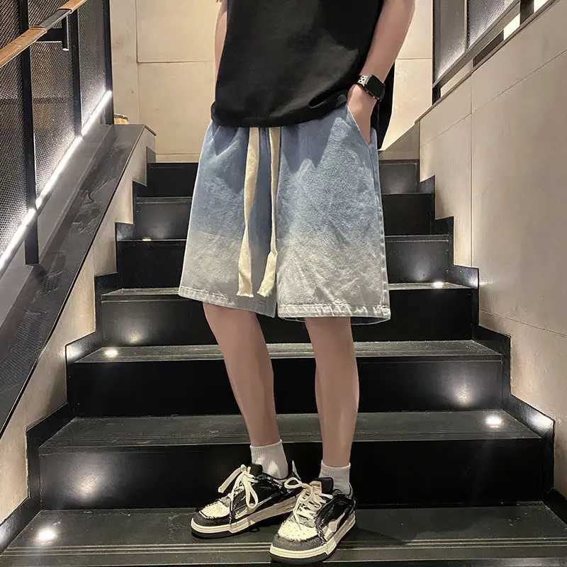 Denim shorts mens summer handsome gradient straight-leg five-quarter pants mens American loose brand retro mid-length pantsX240914