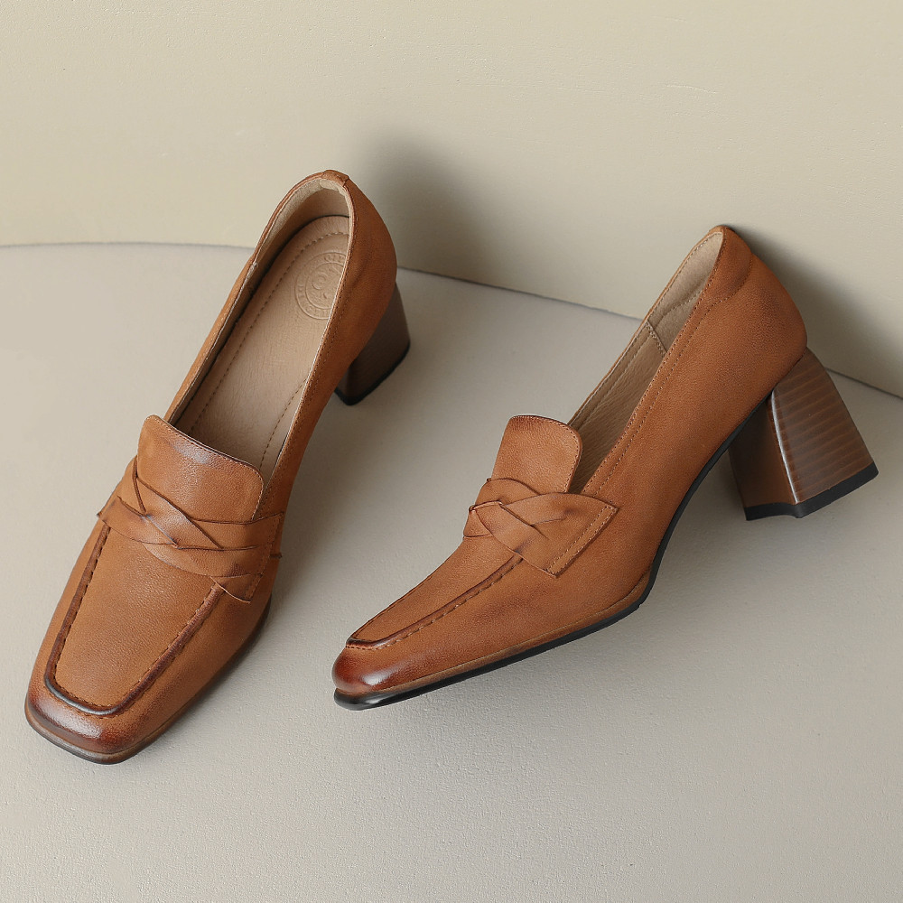 Women's genuine leather thick high heel square toe slip-on pumps OL style soft comfort elegant ladies heeled shoes plus size 42