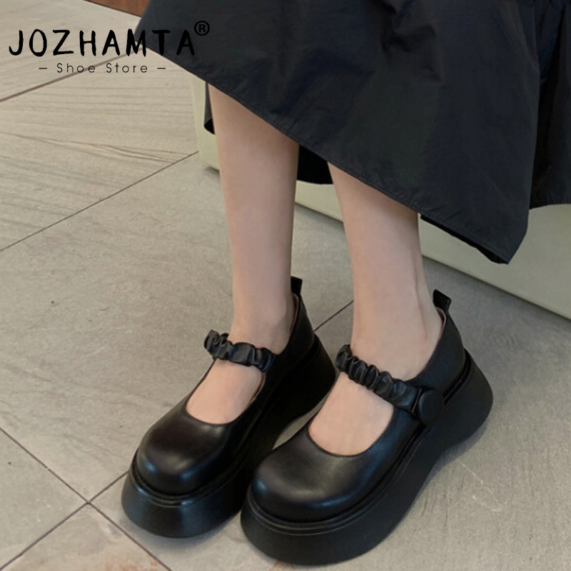 2025 new Size JOZHAMTA 33-40 2025 Ins Women Wedge Pumps Real Leather Platform Mid Heels Mary Jane Goth Cosplay Lady Dress Shoes bd24