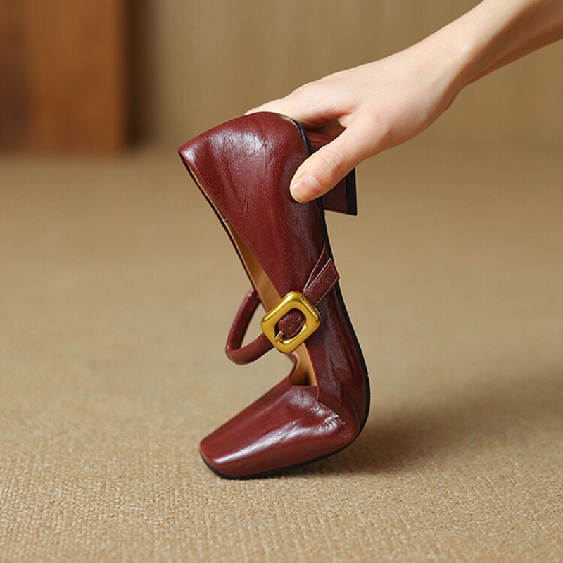 Spring/Autumn NEW Pumps Square Toe Chunky Heel Genuine Leather Shoes for Women Elegant High Heels Buckle Mary Janes 5833 s