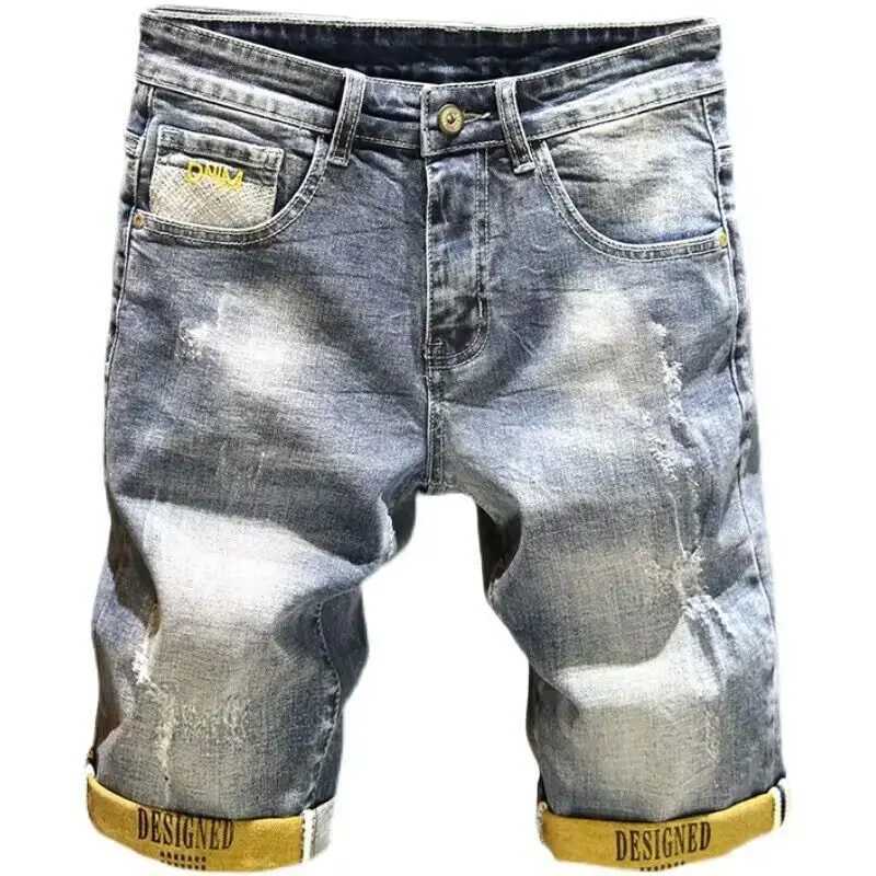 New Korean Fashion Summer Luxury Distressed Ripped Washed Jeans for Men Streetwear Designer Cargo Kpop Cowboy Punk Denim ShortsX240914
