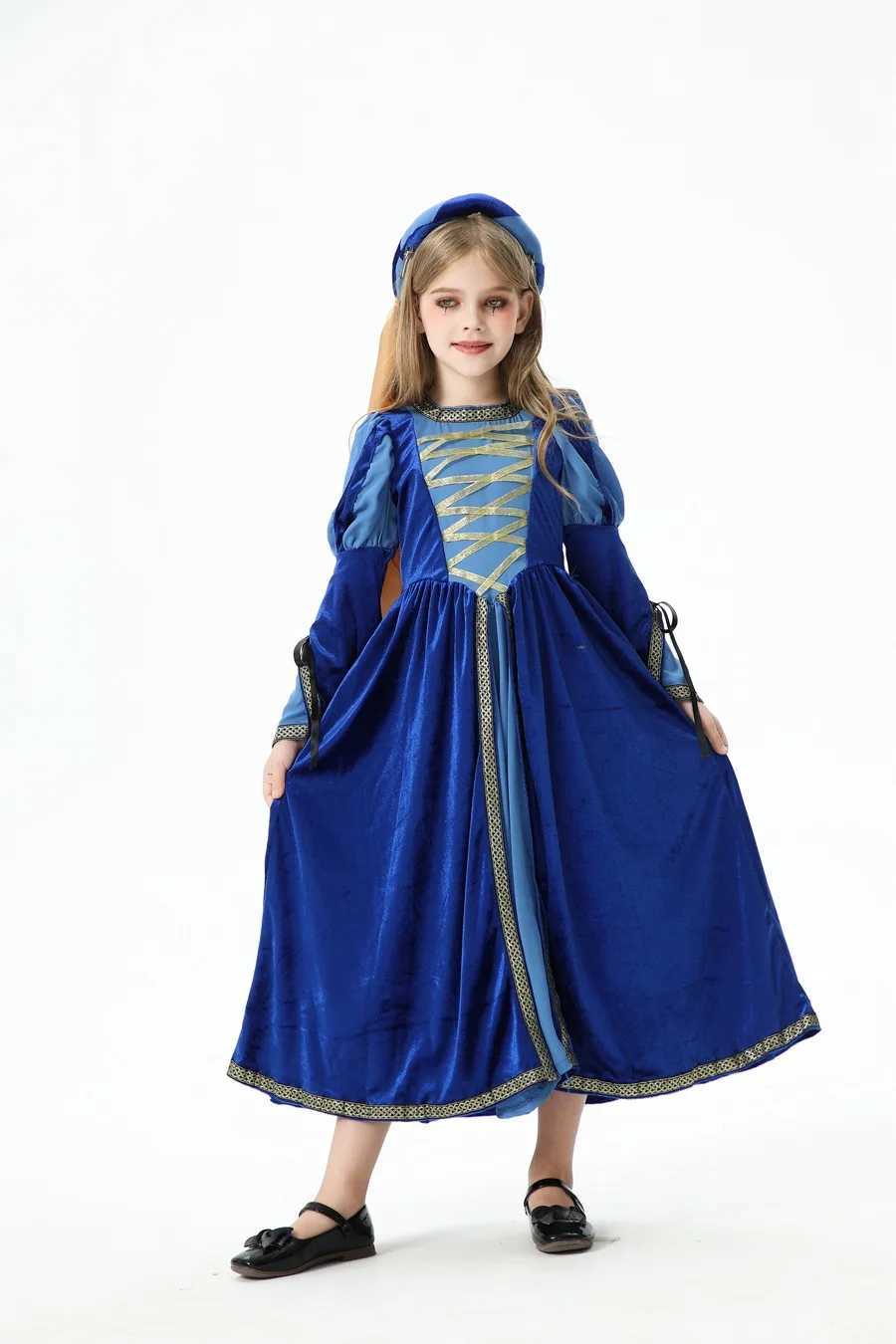 Childrens Vampire Costume Retro Palace Horror Witch Dress Medieval Renaissance Girls Halloween Role Playing Vampire Blue Dress Set W240914
