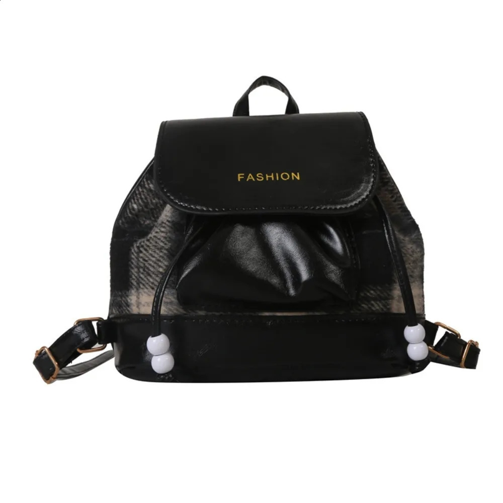 Creative PU Leather Travel Bag Wool Patchwork Drawstring Beading Bucket School Bag Checkered Bag 240912