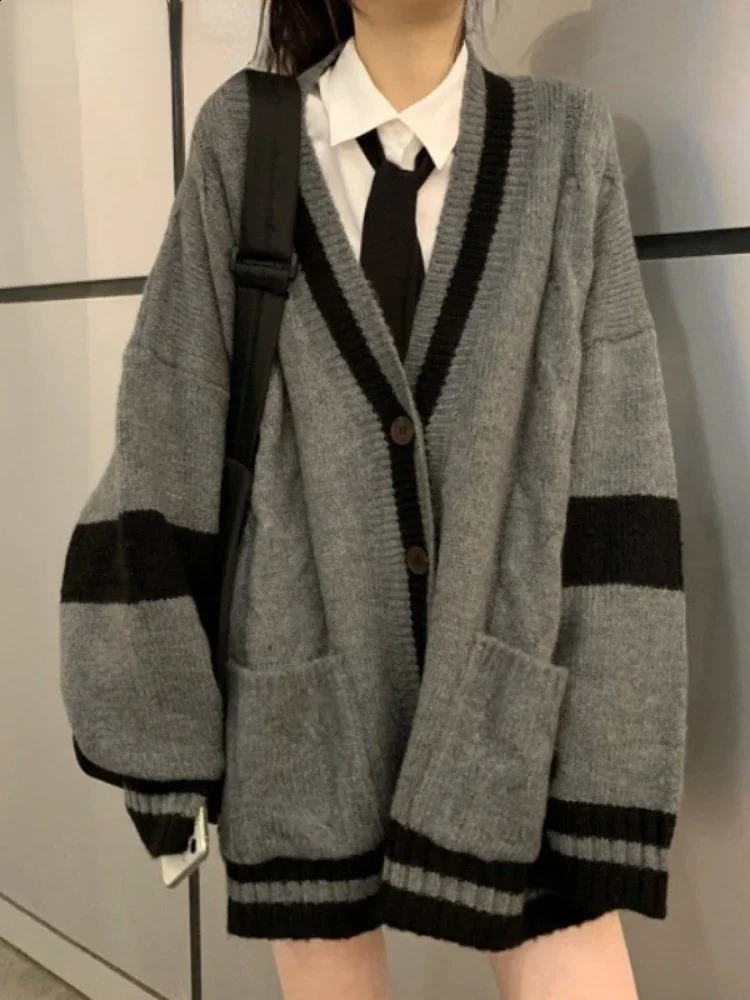 Cardigan Winter Grey Striped Knitted Sweater Women Korean Fashion Style Harajuku Oversize Preppy Female Coat 240904