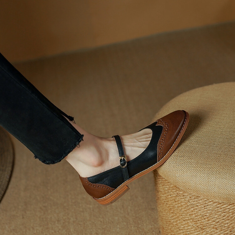 Spring/Fall 2023 Pumps Genuine Leather Round Toe Chunky Low Heel Women Shoes Retro Mary Janes 0be7
