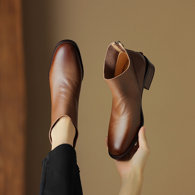 Autumn NEW Round Toe Low Heel Genuine Leather for Retro Zip Ankle Boots Winter Women Shoes d477