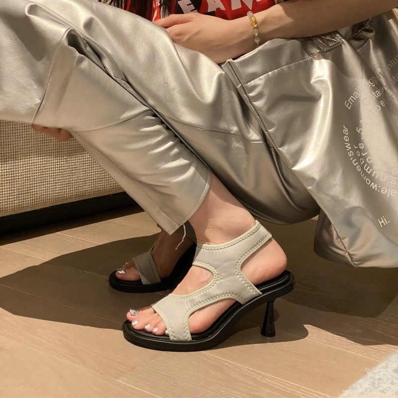 Sandals 2024 Ladies Shoes Summer High Heels Open Toe Suit Female Beige New New Comfort Low Retro Fashion High-heeled Stiletto Elasti db08 -heeled